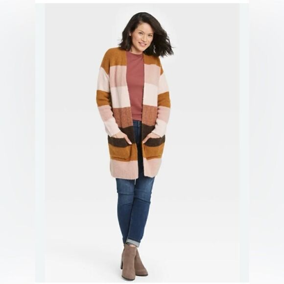 SO Pink/Brown/White Multi Long Sleeve Striped Open Front Cardigan Large - Picture 1 of 12